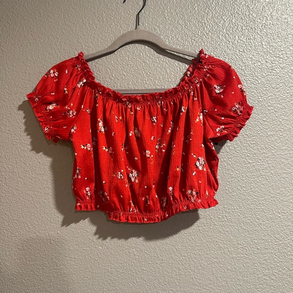 H&M | Tops | Hm Red Floral Ruffle Crop Top | Poshmark